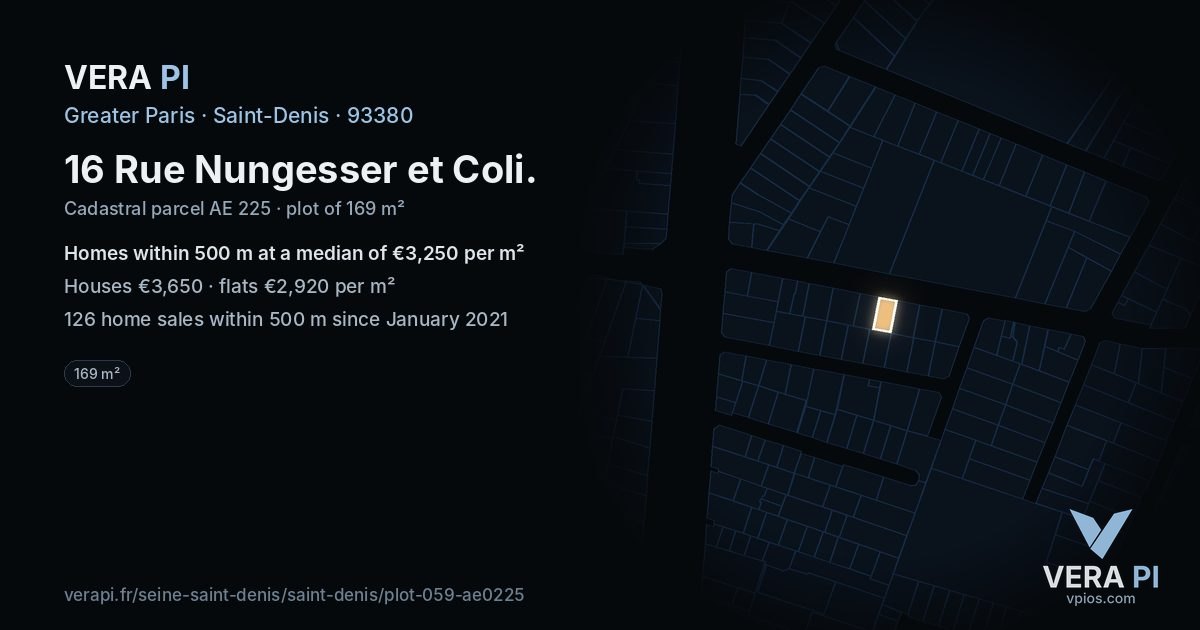 16 Rue Nungesser et Coli, Saint-Denis at night – the plot lit, the parcels around coloured by the prices near them