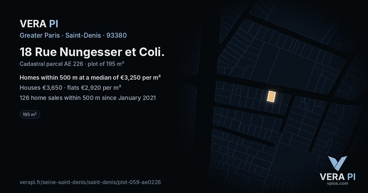 18 Rue Nungesser et Coli, Saint-Denis at night – the plot lit, the parcels around coloured by the prices near them