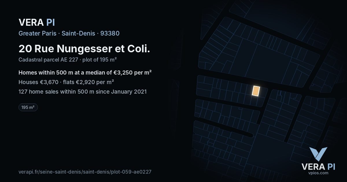 20 Rue Nungesser et Coli, Saint-Denis at night – the plot lit, the parcels around coloured by the prices near them