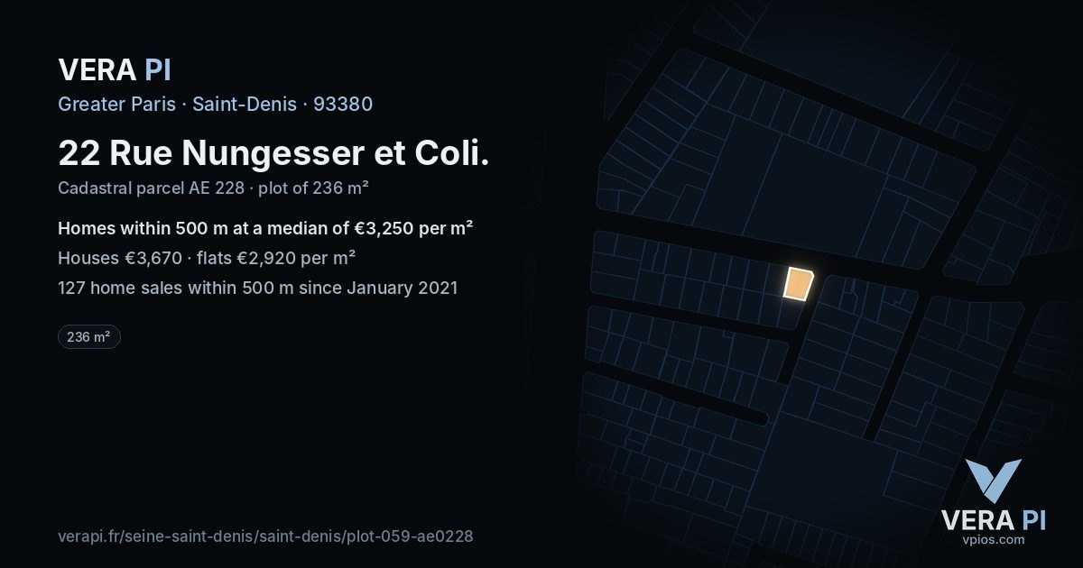 22 Rue Nungesser et Coli, Saint-Denis at night – the plot lit, the parcels around coloured by the prices near them
