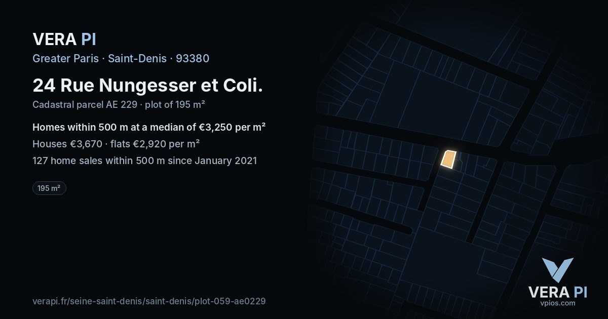 24 Rue Nungesser et Coli, Saint-Denis at night – the plot lit, the parcels around coloured by the prices near them