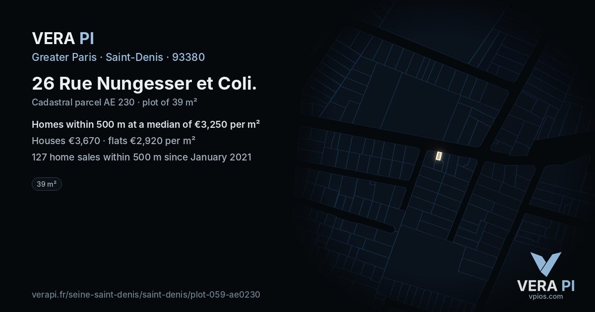 26 Rue Nungesser et Coli, Saint-Denis at night – the plot lit, the parcels around coloured by the prices near them