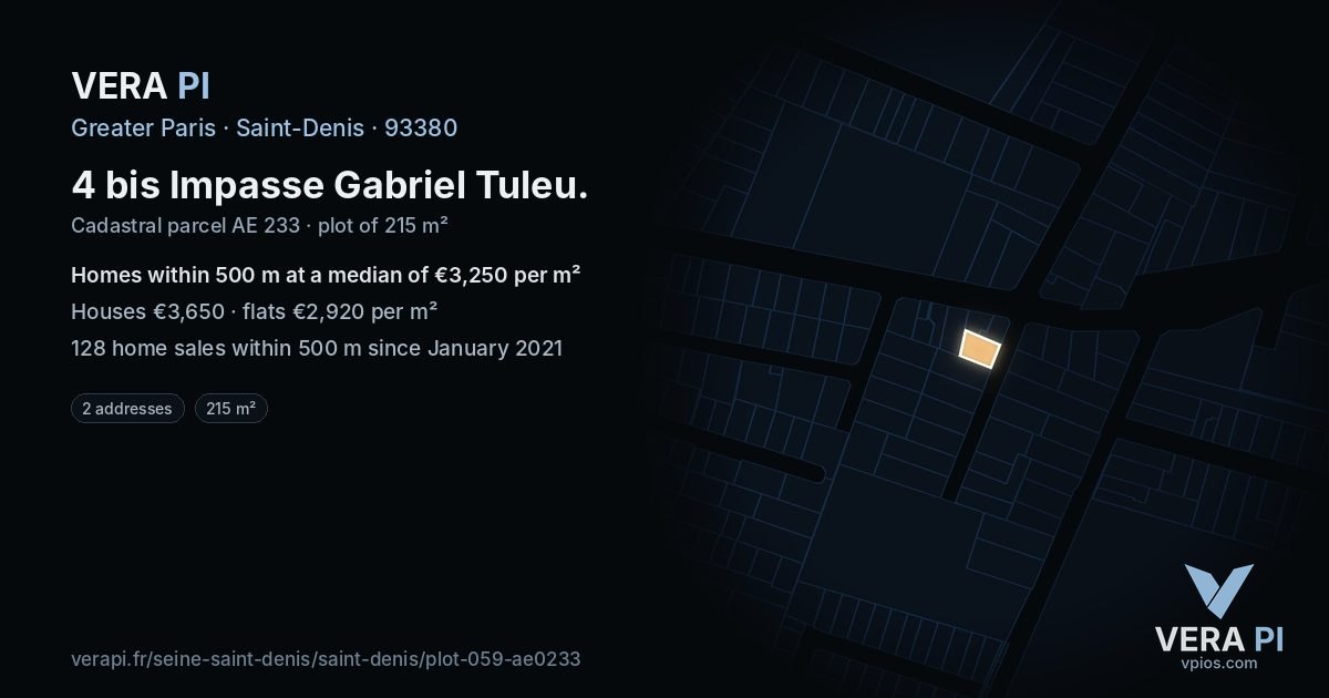 4 bis Impasse Gabriel Tuleu, Saint-Denis at night – the plot lit, the parcels around coloured by the prices near them