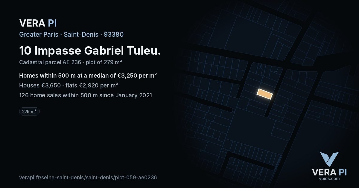 10 Impasse Gabriel Tuleu, Saint-Denis at night – the plot lit, the parcels around coloured by the prices near them