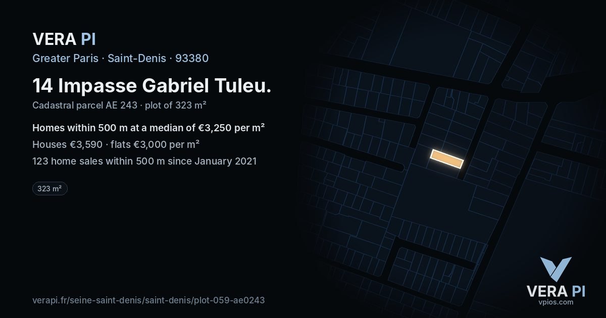 14 Impasse Gabriel Tuleu, Saint-Denis at night – the plot lit, the parcels around coloured by the prices near them
