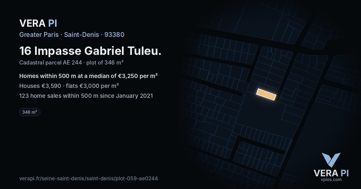 16 Impasse Gabriel Tuleu, Saint-Denis at night – the plot lit, the parcels around coloured by the prices near them