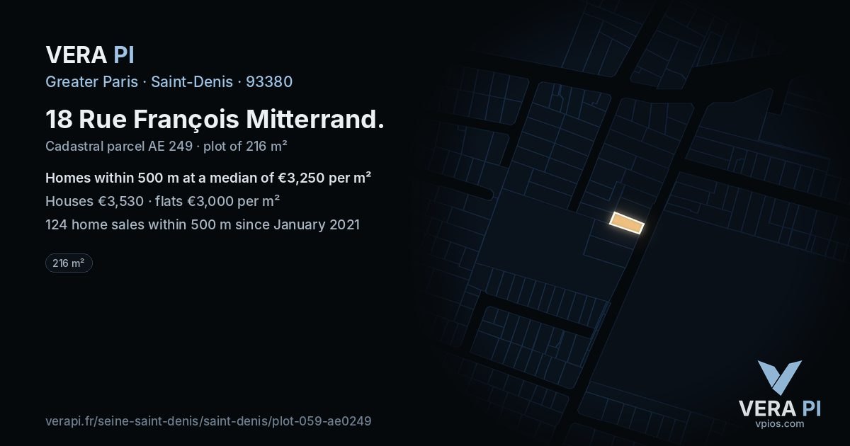 18 Rue François Mitterrand, Saint-Denis at night – the plot lit, the parcels around coloured by the prices near them