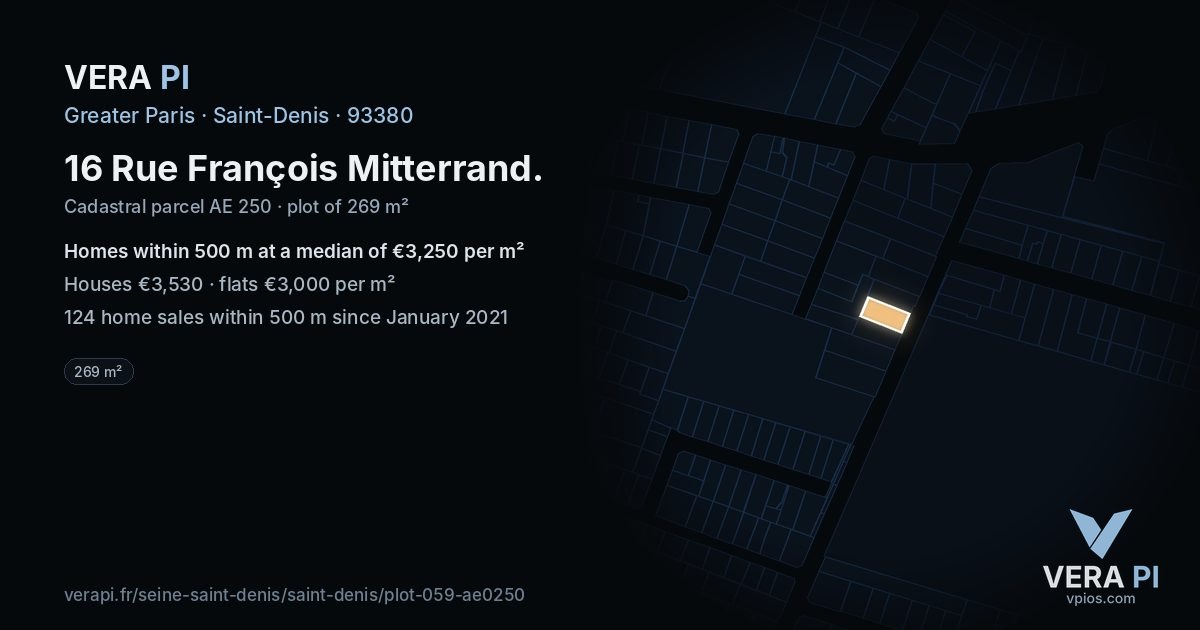 16 Rue François Mitterrand, Saint-Denis at night – the plot lit, the parcels around coloured by the prices near them