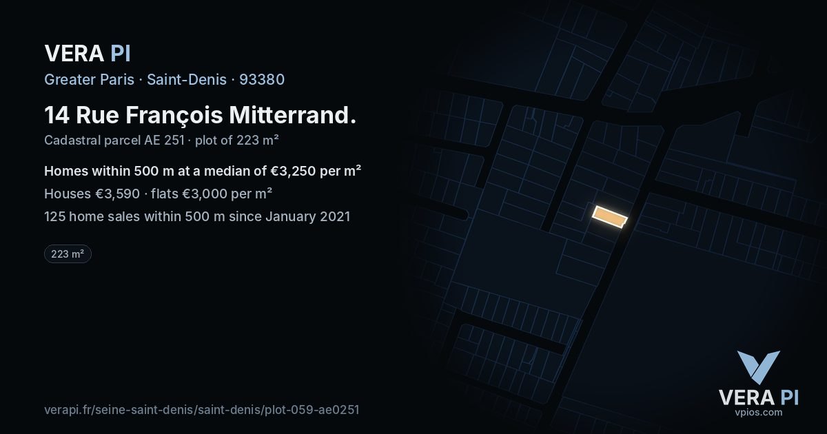14 Rue François Mitterrand, Saint-Denis at night – the plot lit, the parcels around coloured by the prices near them