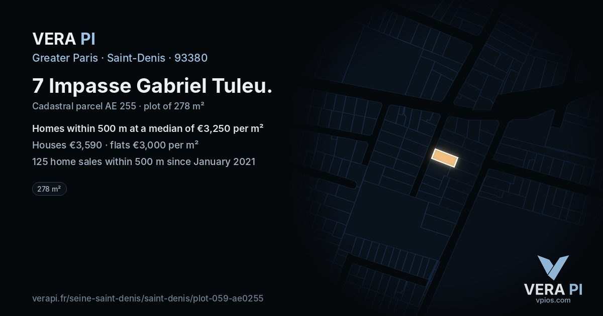 7 Impasse Gabriel Tuleu, Saint-Denis at night – the plot lit, the parcels around coloured by the prices near them
