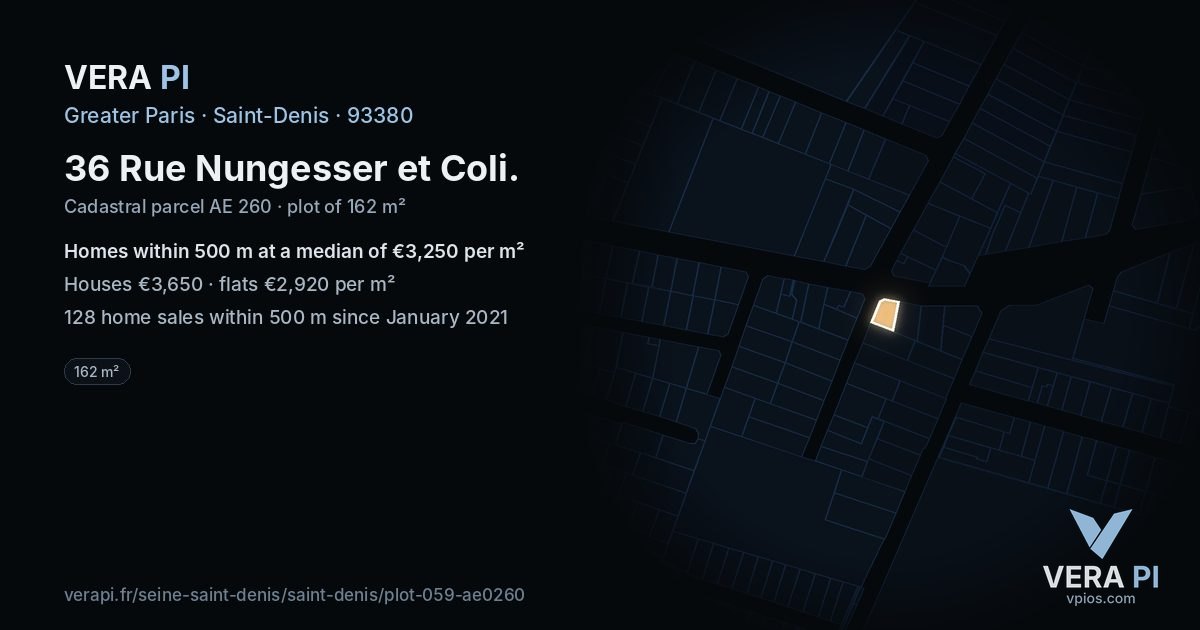 36 Rue Nungesser et Coli, Saint-Denis at night – the plot lit, the parcels around coloured by the prices near them