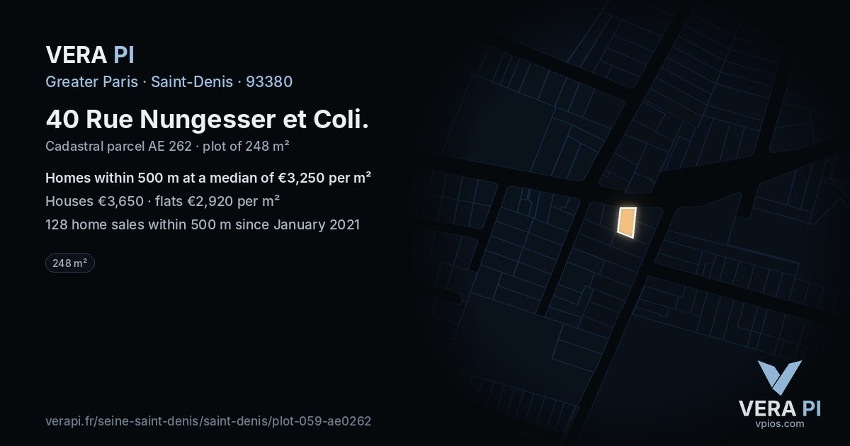 40 Rue Nungesser et Coli, Saint-Denis at night – the plot lit, the parcels around coloured by the prices near them