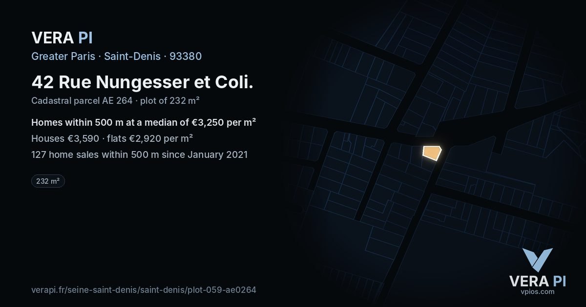 42 Rue Nungesser et Coli, Saint-Denis at night – the plot lit, the parcels around coloured by the prices near them