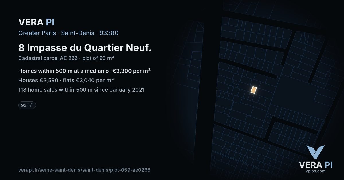 8 Impasse du Quartier Neuf, Saint-Denis at night – the plot lit, the parcels around coloured by the prices near them