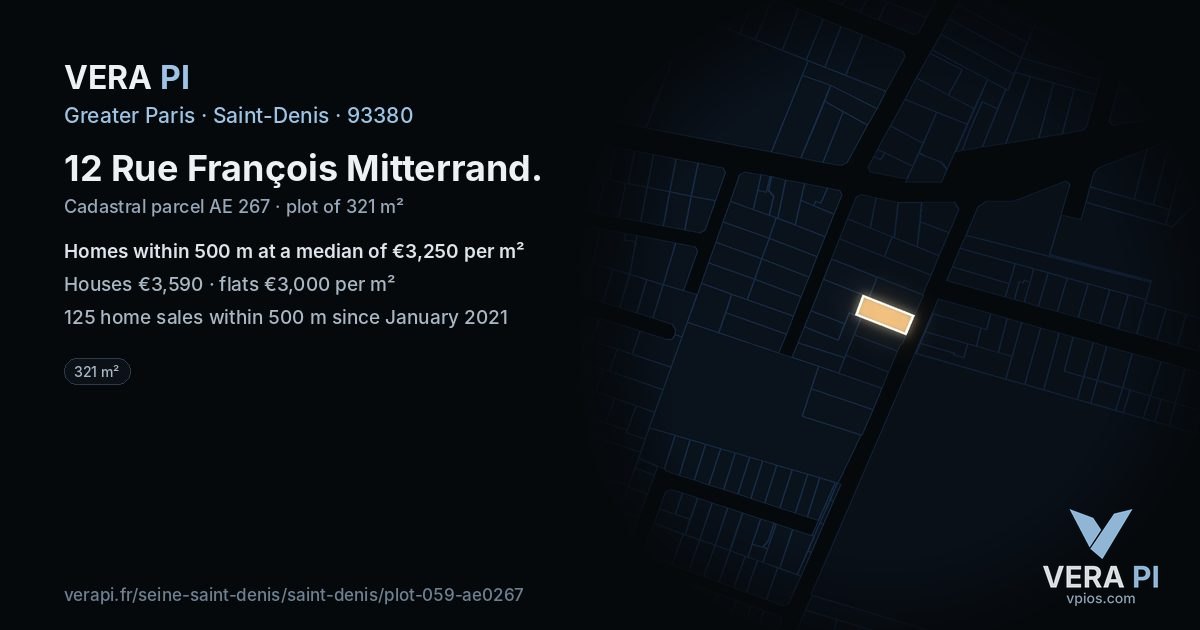 12 Rue François Mitterrand, Saint-Denis at night – the plot lit, the parcels around coloured by the prices near them