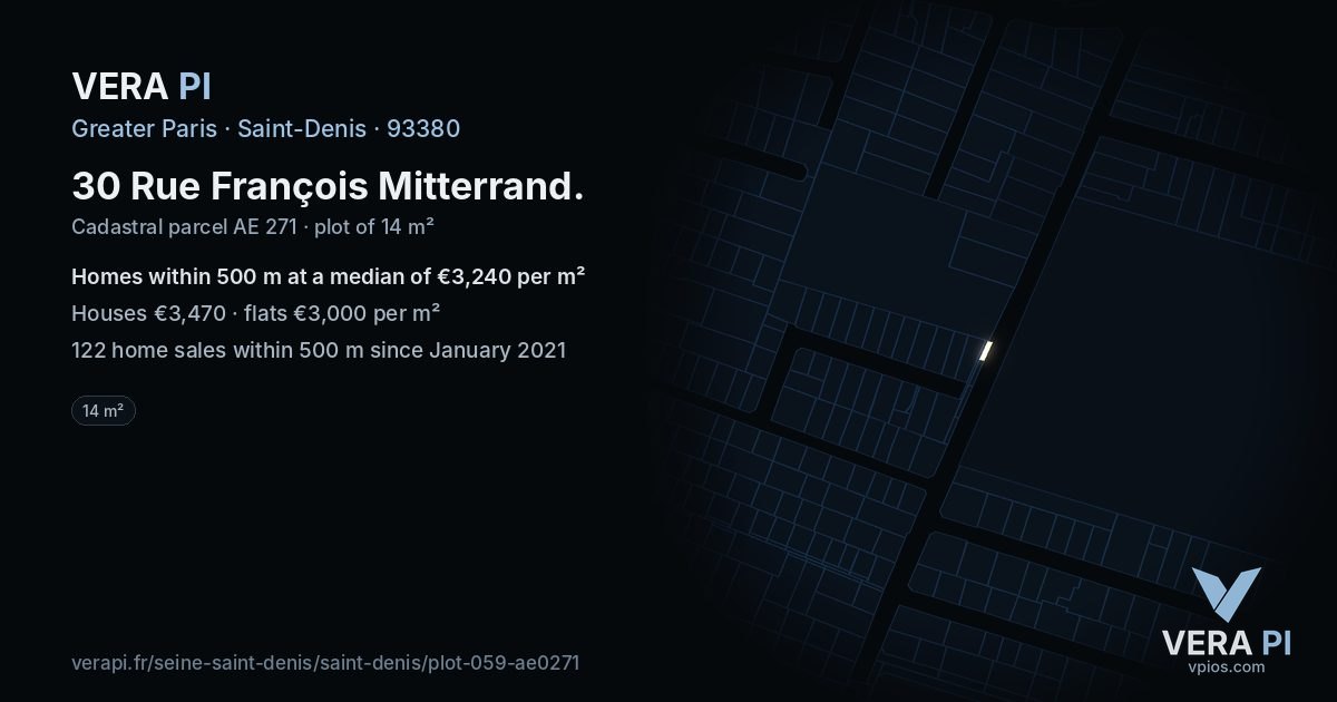 30 Rue François Mitterrand, Saint-Denis at night – the plot lit, the parcels around coloured by the prices near them