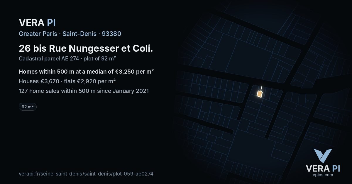 26 bis Rue Nungesser et Coli, Saint-Denis at night – the plot lit, the parcels around coloured by the prices near them