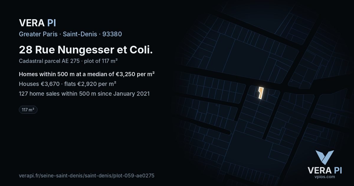28 Rue Nungesser et Coli, Saint-Denis at night – the plot lit, the parcels around coloured by the prices near them