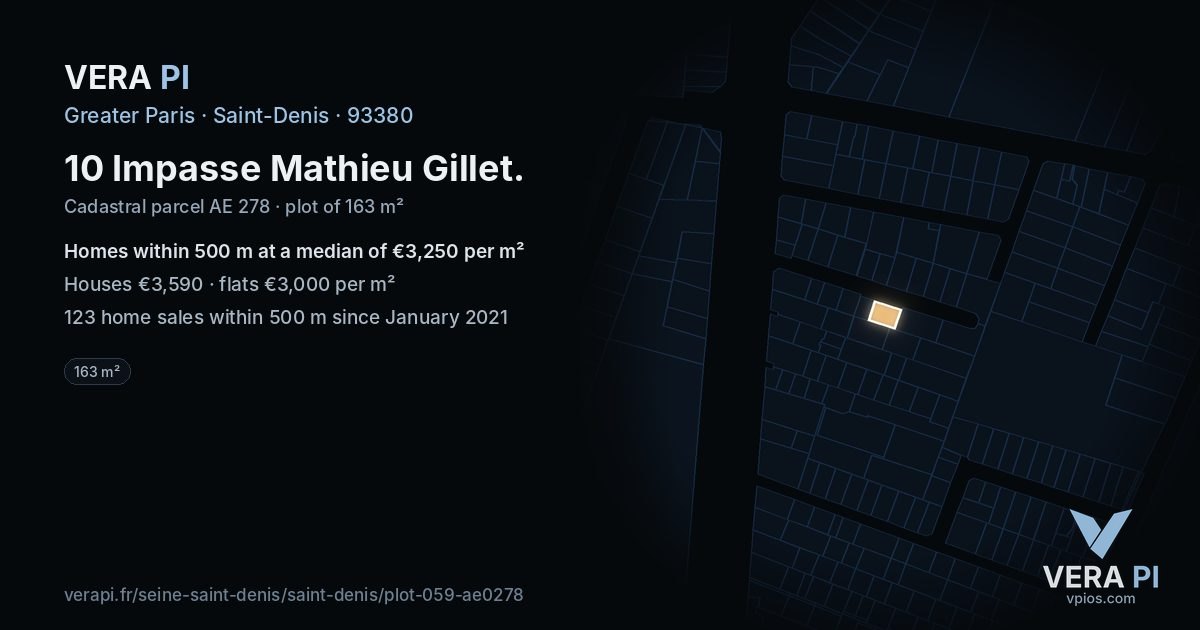 10 Impasse Mathieu Gillet, Saint-Denis at night – the plot lit, the parcels around coloured by the prices near them