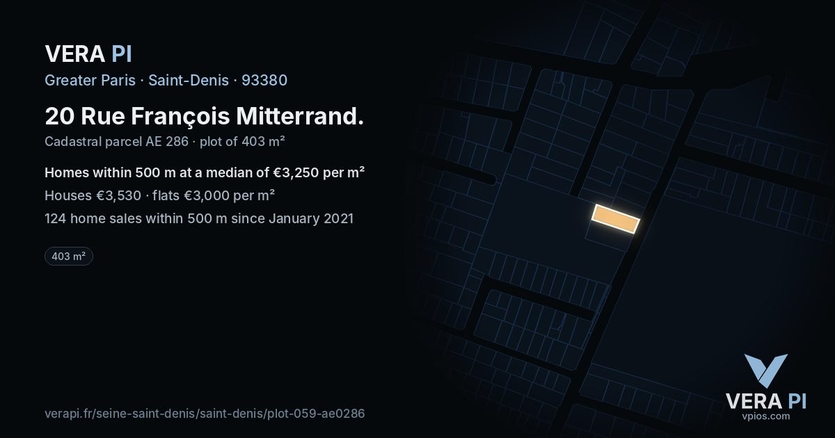 20 Rue François Mitterrand, Saint-Denis at night – the plot lit, the parcels around coloured by the prices near them