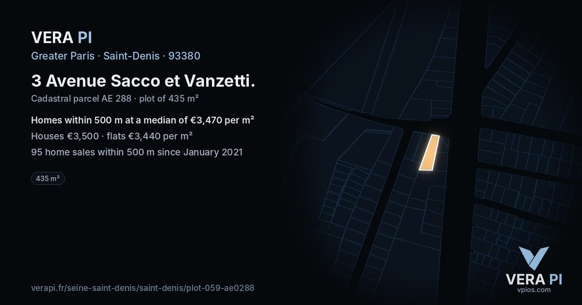 3 Avenue Sacco et Vanzetti, Saint-Denis at night – the plot lit, the parcels around coloured by the prices near them