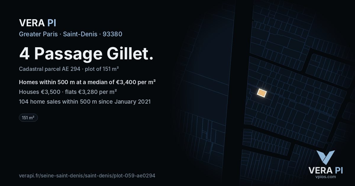 4 Passage Gillet, Saint-Denis at night – the plot lit, the parcels around coloured by the prices near them