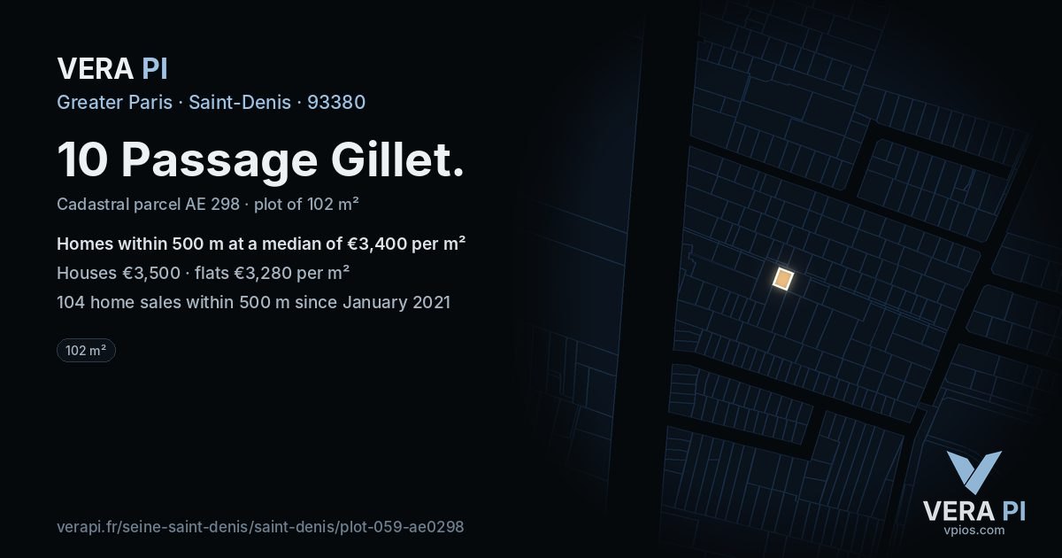 10 Passage Gillet, Saint-Denis at night – the plot lit, the parcels around coloured by the prices near them