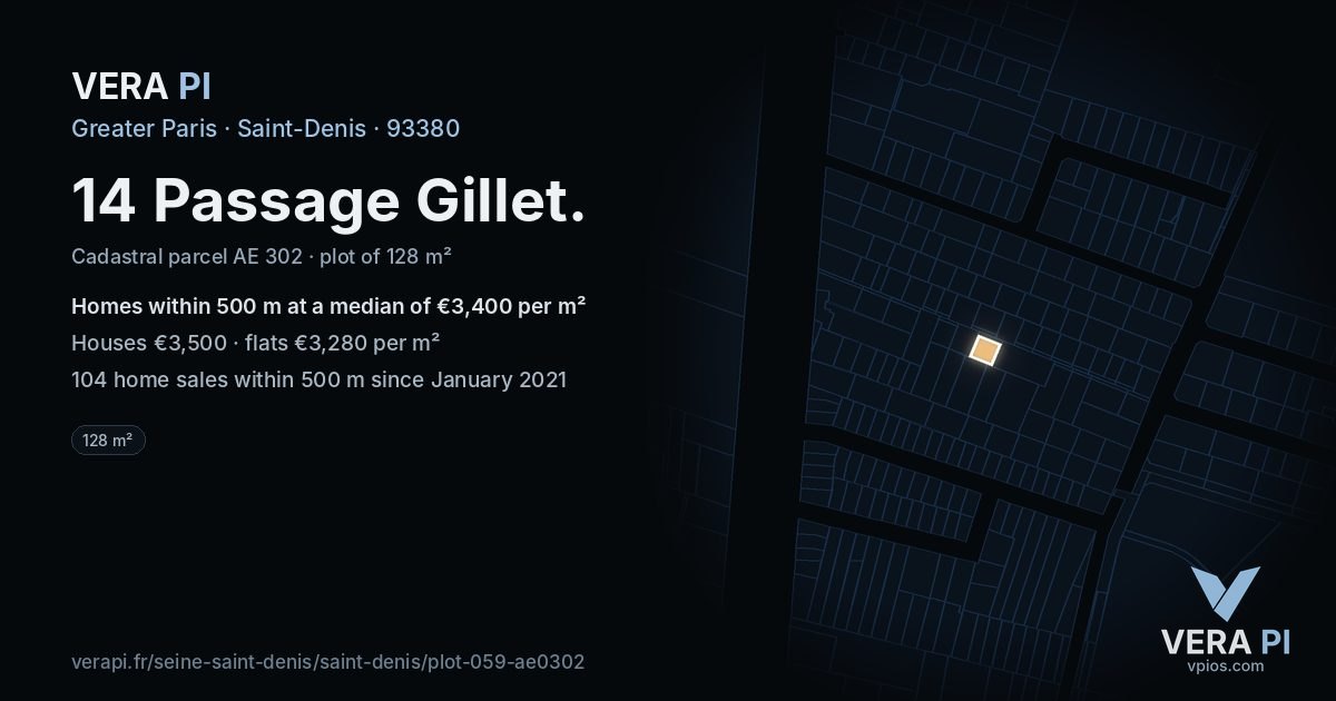 14 Passage Gillet, Saint-Denis at night – the plot lit, the parcels around coloured by the prices near them