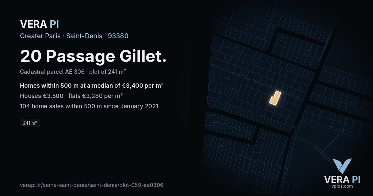 20 Passage Gillet, Saint-Denis at night – the plot lit, the parcels around coloured by the prices near them