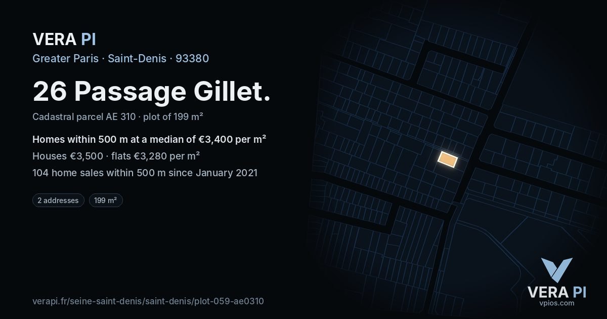 26 Passage Gillet, Saint-Denis at night – the plot lit, the parcels around coloured by the prices near them