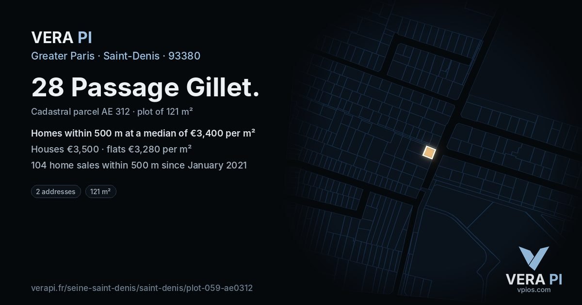 28 Passage Gillet, Saint-Denis at night – the plot lit, the parcels around coloured by the prices near them