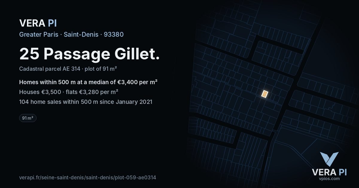 25 Passage Gillet, Saint-Denis at night – the plot lit, the parcels around coloured by the prices near them
