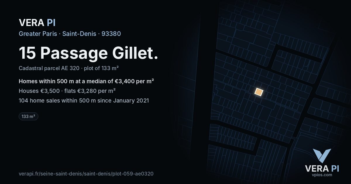 15 Passage Gillet, Saint-Denis at night – the plot lit, the parcels around coloured by the prices near them
