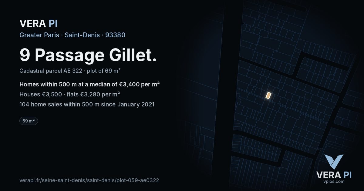 9 Passage Gillet, Saint-Denis at night – the plot lit, the parcels around coloured by the prices near them