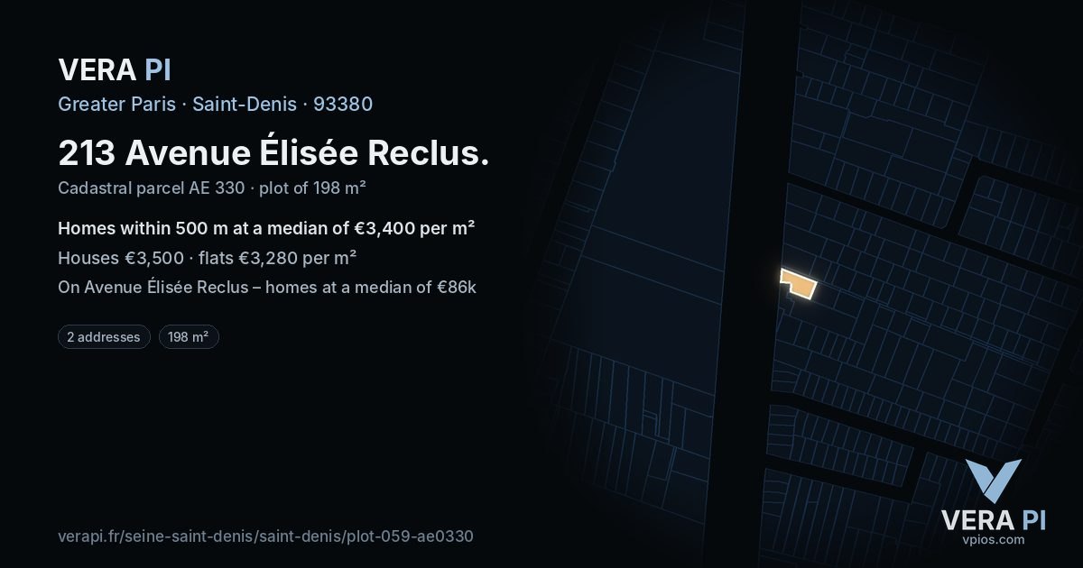 213 Avenue Élisée Reclus, Saint-Denis at night – the plot lit, the parcels around coloured by the prices near them