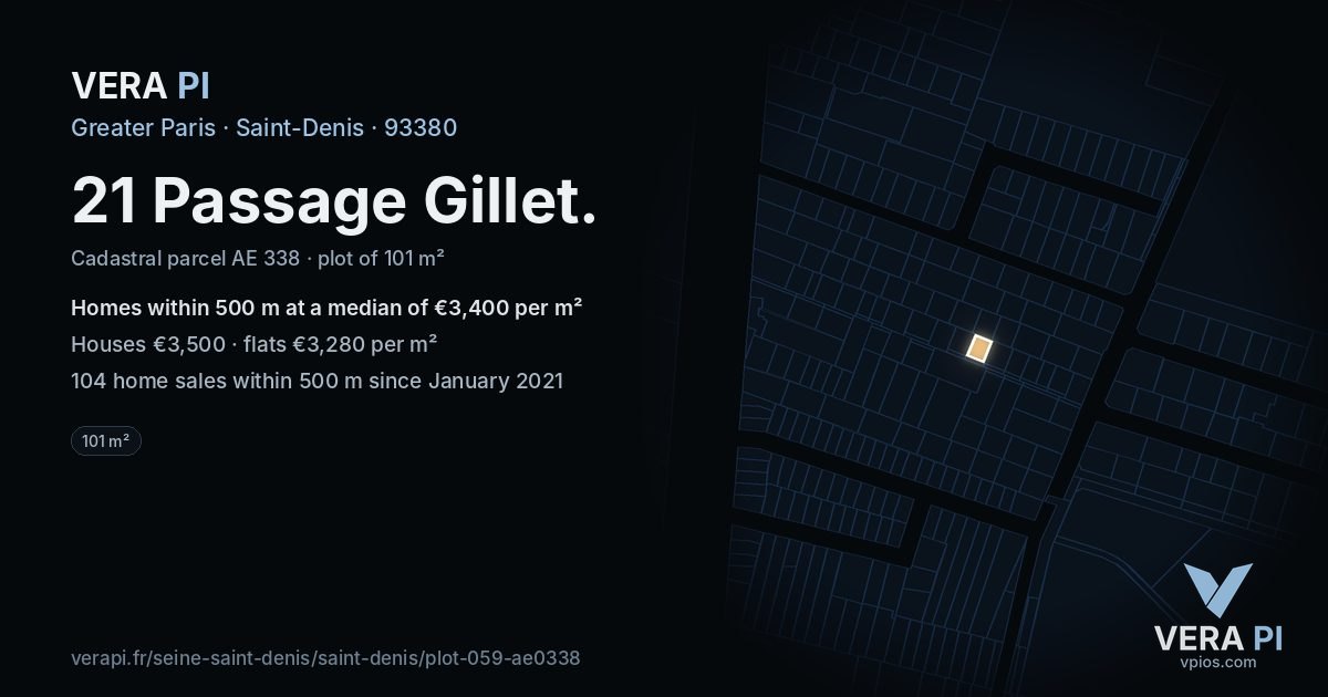 21 Passage Gillet, Saint-Denis at night – the plot lit, the parcels around coloured by the prices near them