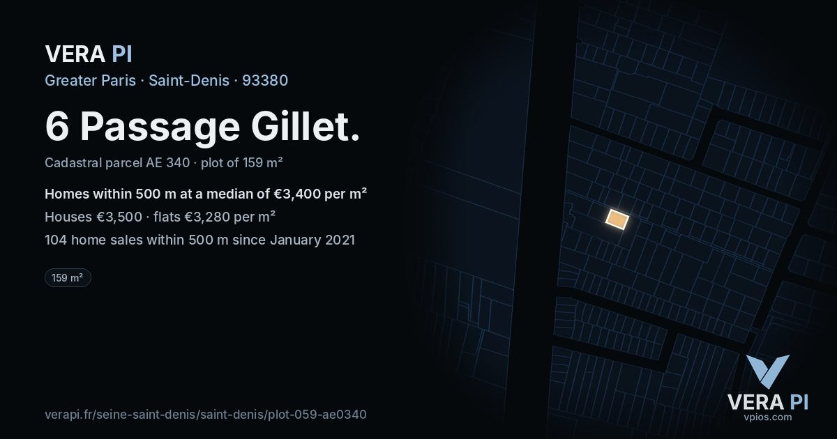 6 Passage Gillet, Saint-Denis at night – the plot lit, the parcels around coloured by the prices near them