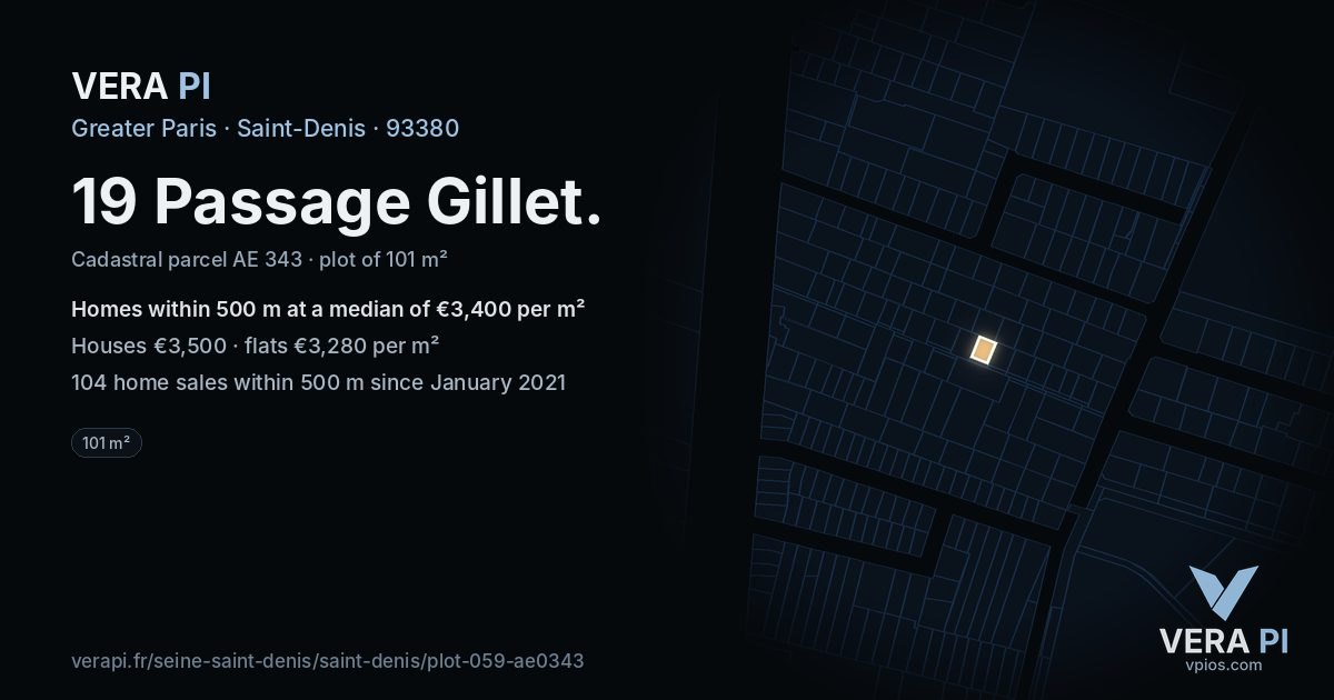 19 Passage Gillet, Saint-Denis at night – the plot lit, the parcels around coloured by the prices near them