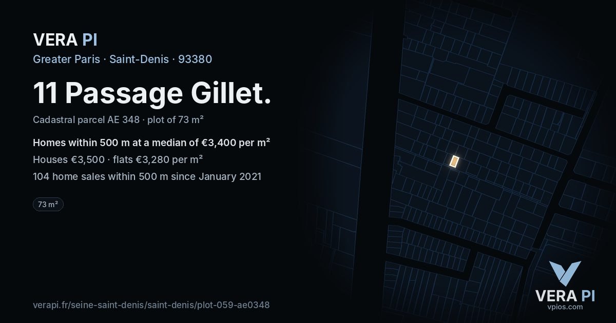 11 Passage Gillet, Saint-Denis at night – the plot lit, the parcels around coloured by the prices near them