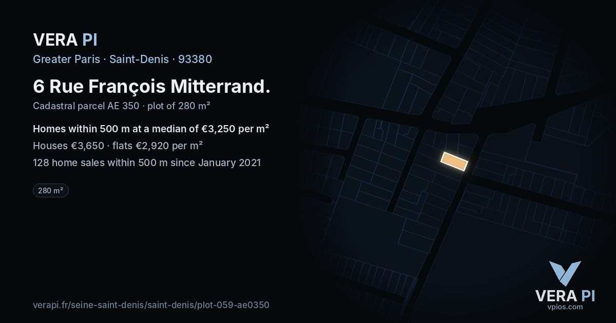6 Rue François Mitterrand, Saint-Denis at night – the plot lit, the parcels around coloured by the prices near them