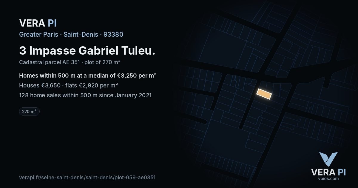 3 Impasse Gabriel Tuleu, Saint-Denis at night – the plot lit, the parcels around coloured by the prices near them