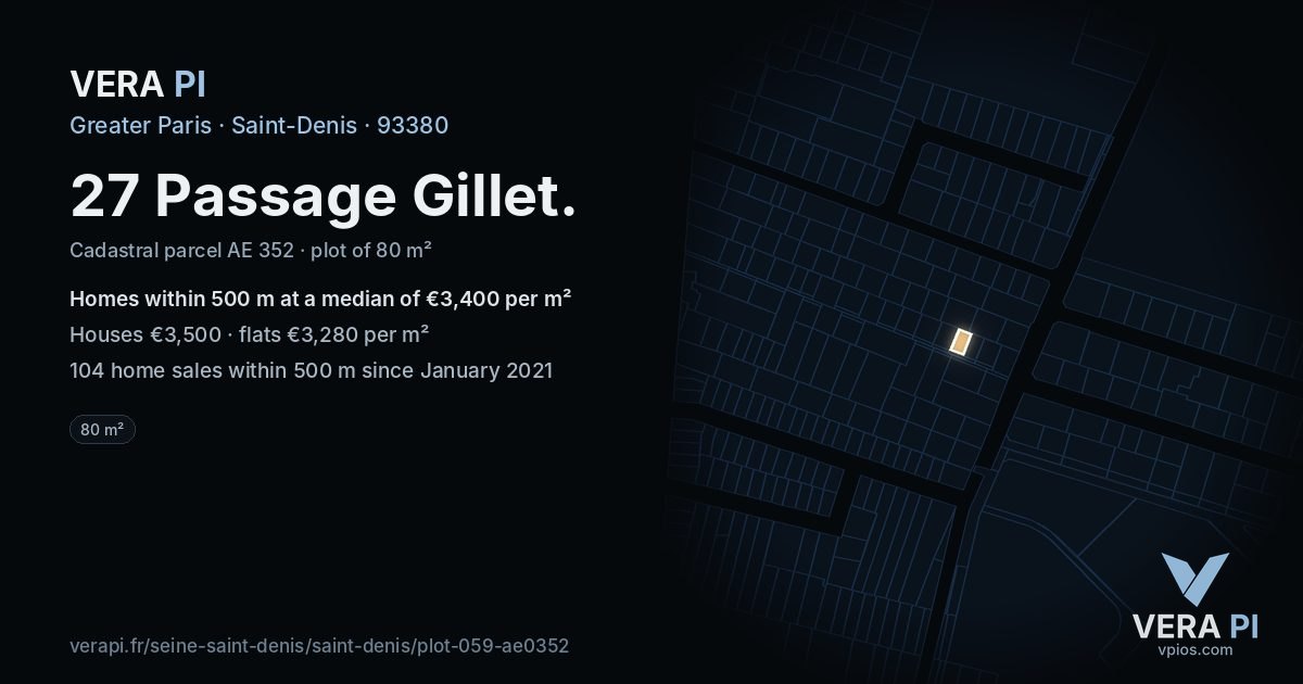 27 Passage Gillet, Saint-Denis at night – the plot lit, the parcels around coloured by the prices near them