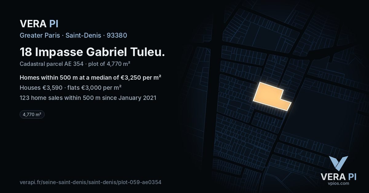 18 Impasse Gabriel Tuleu, Saint-Denis at night – the plot lit, the parcels around coloured by the prices near them