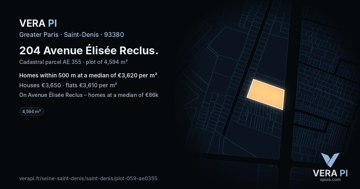204 Avenue Élisée Reclus, Saint-Denis at night – the plot lit, the parcels around coloured by the prices near them