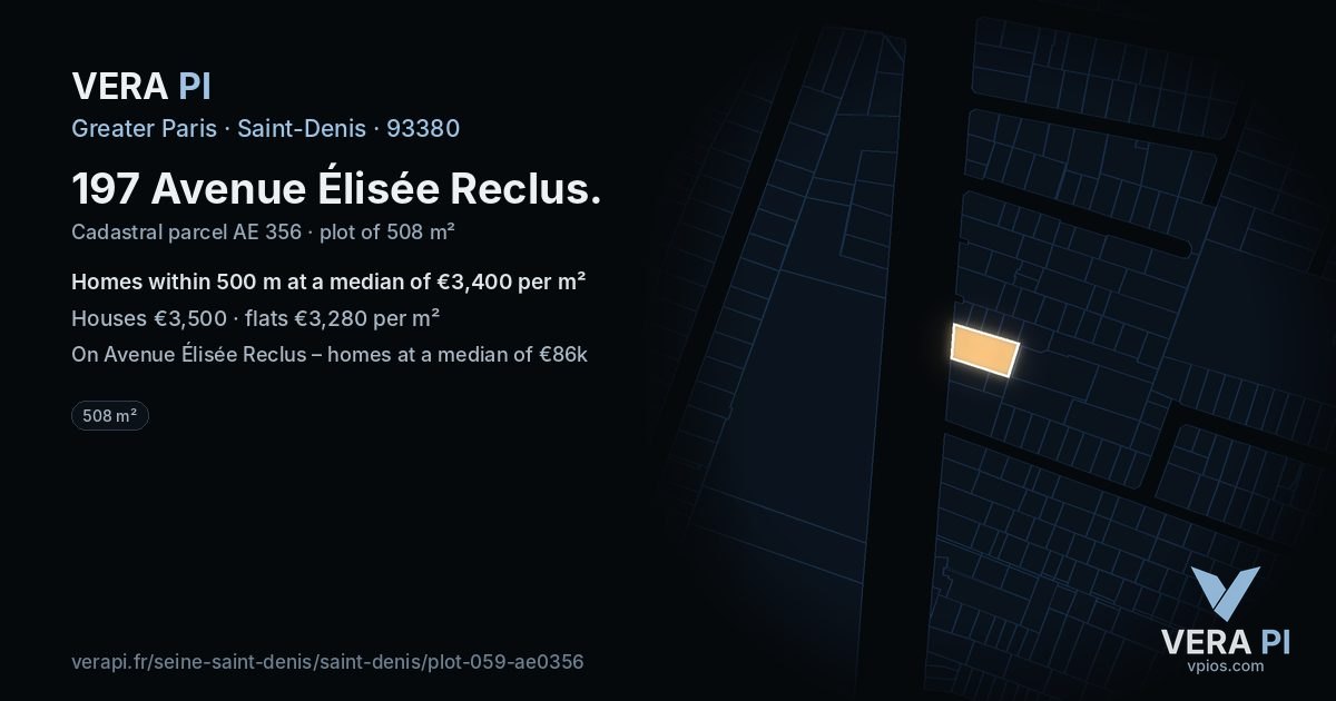 197 Avenue Élisée Reclus, Saint-Denis at night – the plot lit, the parcels around coloured by the prices near them