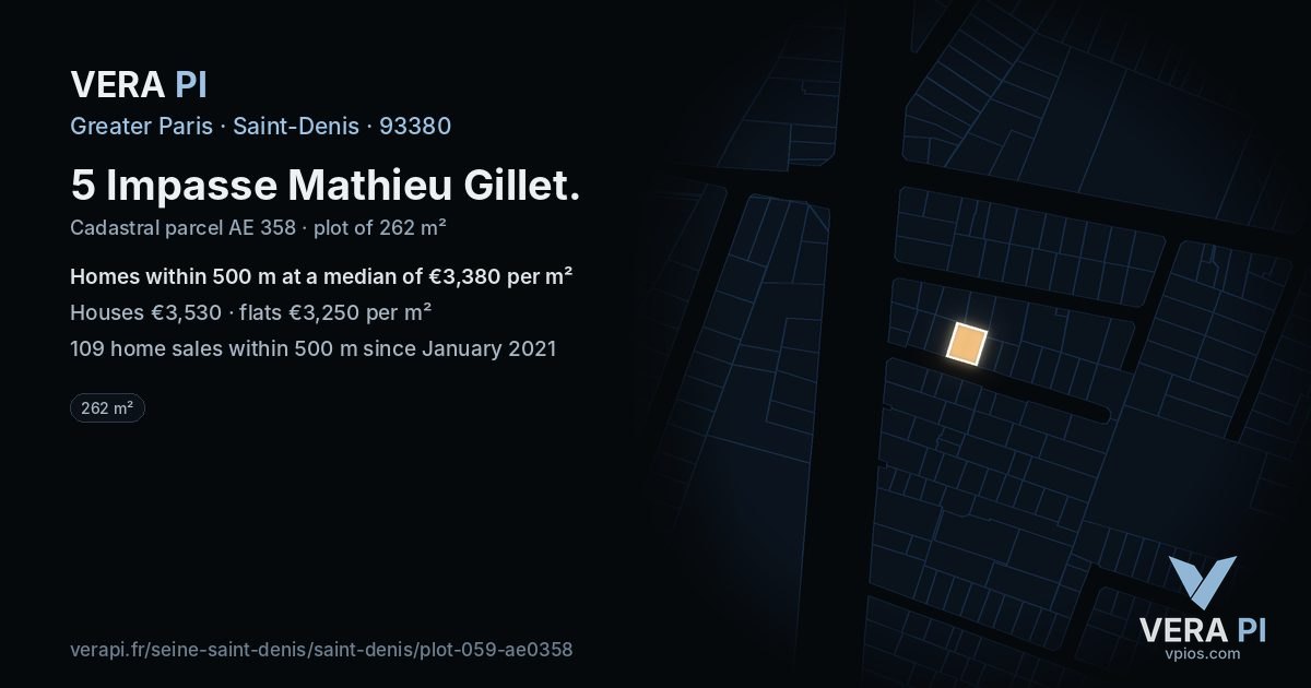 5 Impasse Mathieu Gillet, Saint-Denis at night – the plot lit, the parcels around coloured by the prices near them