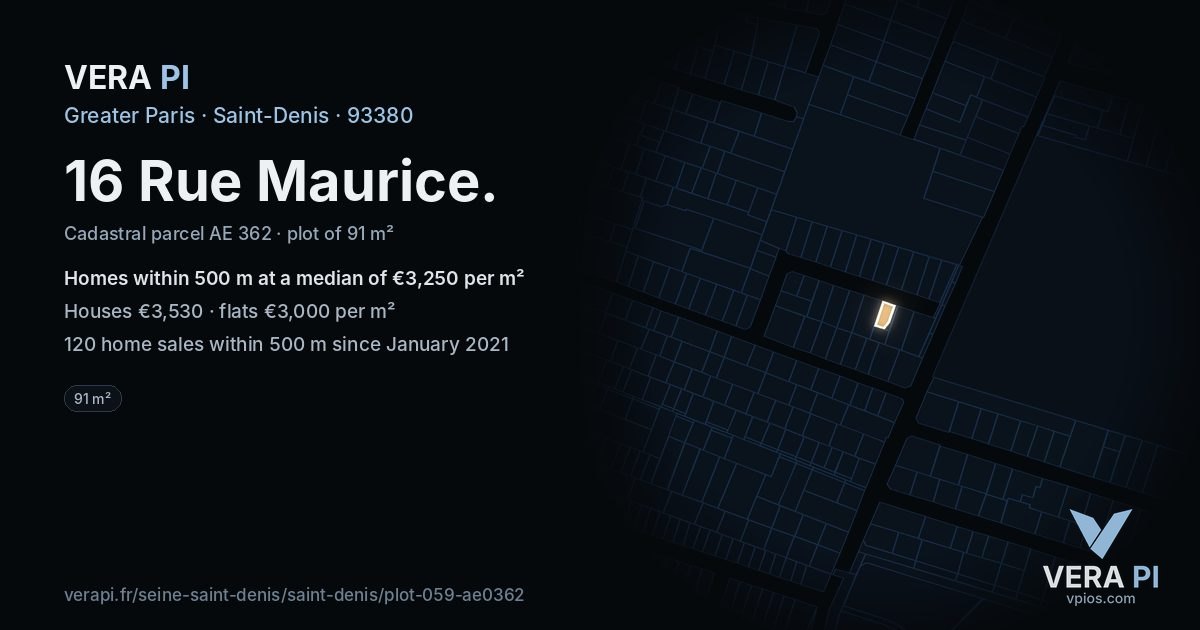 16 Rue Maurice, Saint-Denis at night – the plot lit, the parcels around coloured by the prices near them