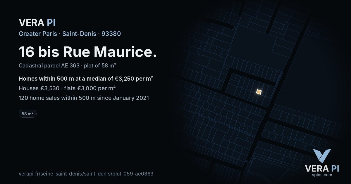 16 bis Rue Maurice, Saint-Denis at night – the plot lit, the parcels around coloured by the prices near them