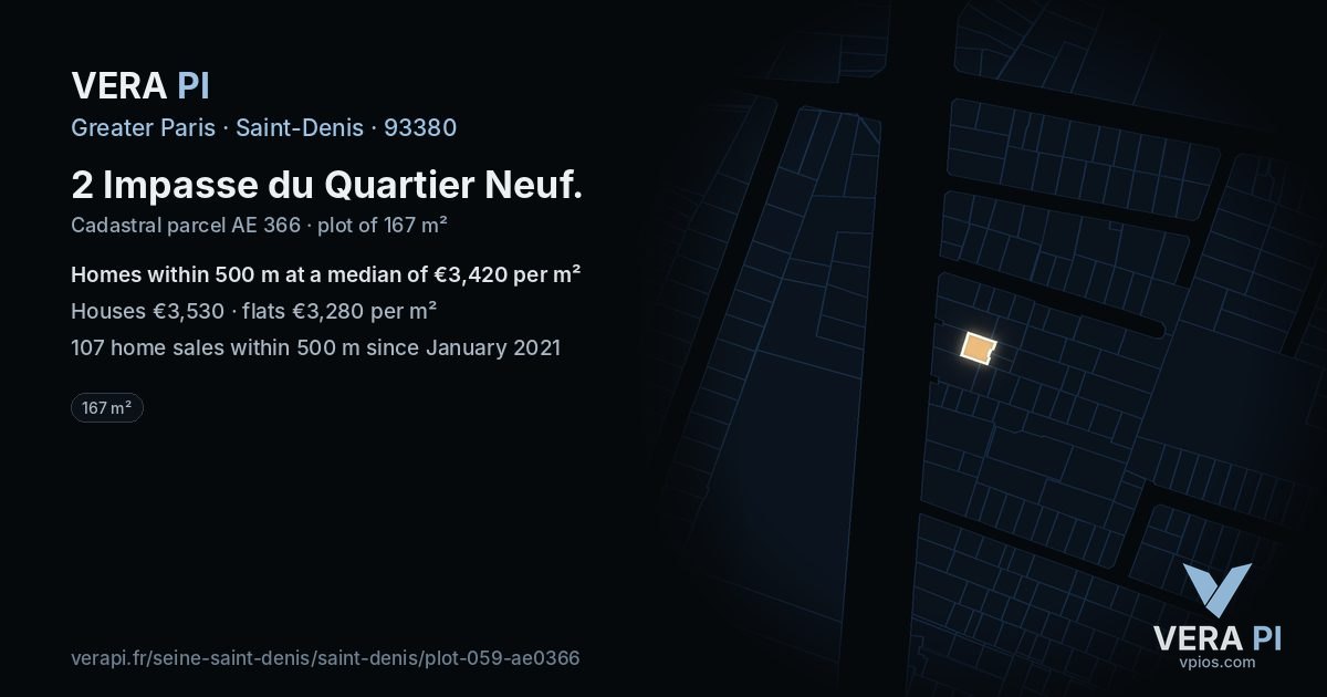 2 Impasse du Quartier Neuf, Saint-Denis at night – the plot lit, the parcels around coloured by the prices near them