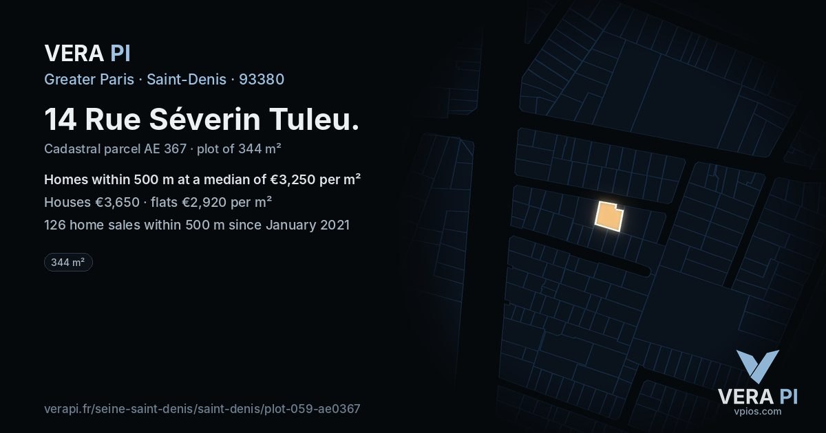 14 Rue Séverin Tuleu, Saint-Denis at night – the plot lit, the parcels around coloured by the prices near them